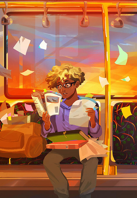 thumbnail student sitting on train flying papers books sunrise