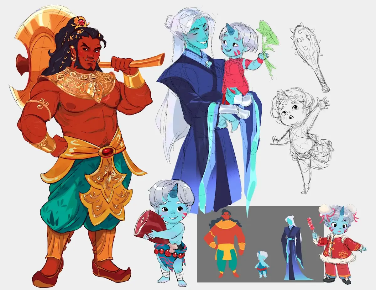 an oni baby and his two fathers, a giant orc barbarian and an moon elf monk