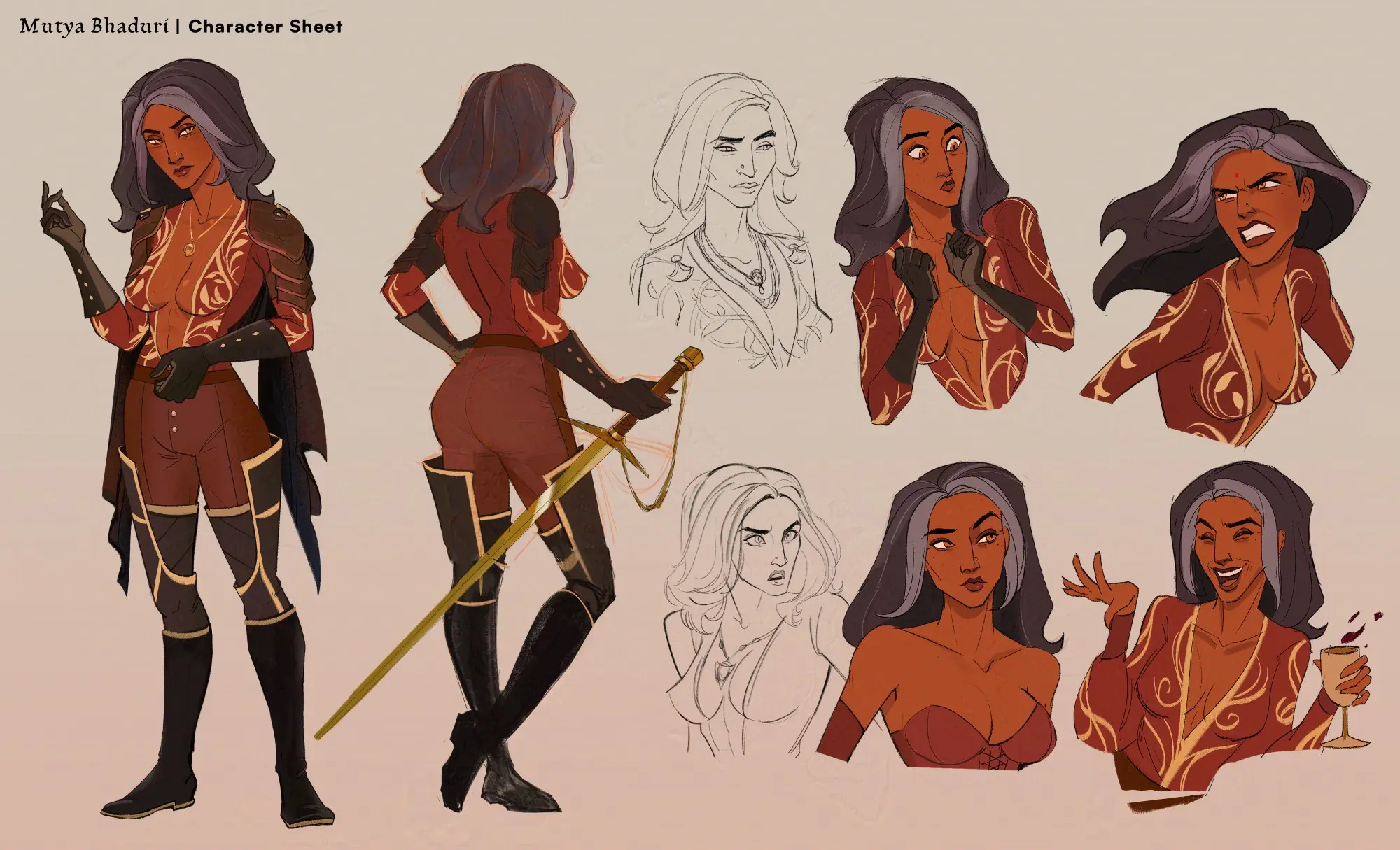 Character sheet of Mutya, a female bard, wielding a sword in a Dungeons & Dragons setting