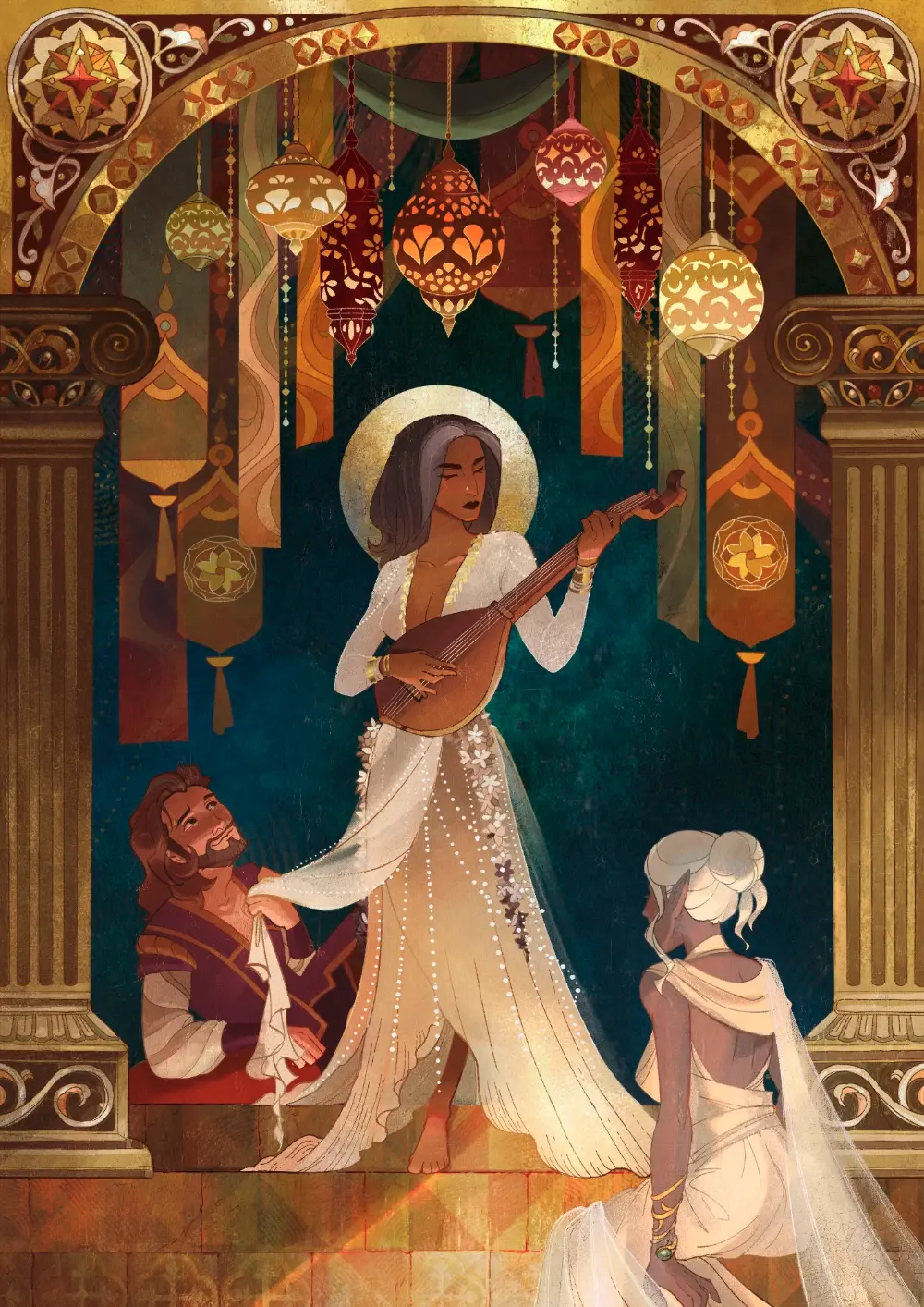 A beautiful bard surrounded by lanterns and gold decor with her two lovers