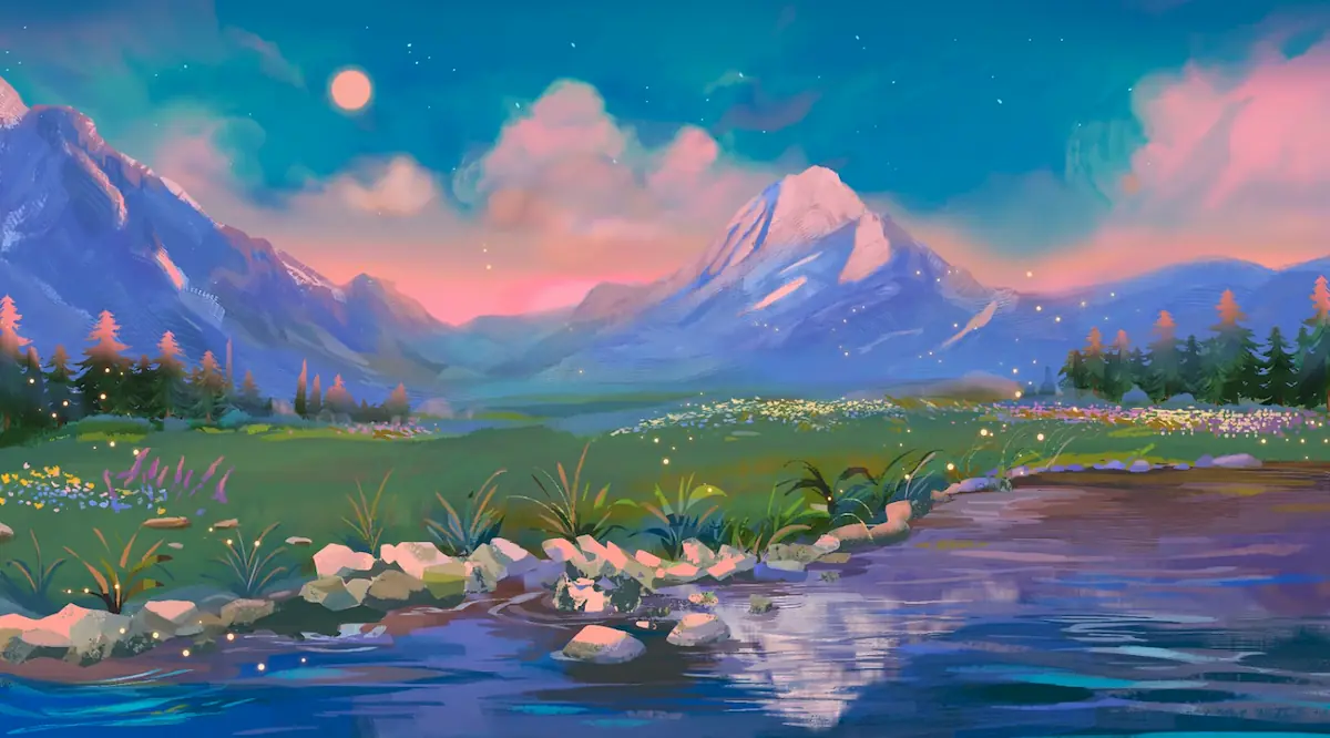 speedpaint forest and lake with snowy mountain
